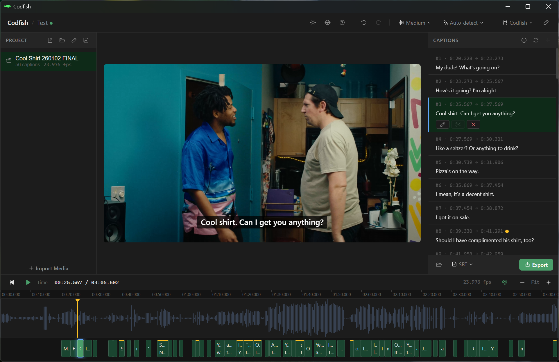 Codfish editing a scene with waveform timeline and caption list